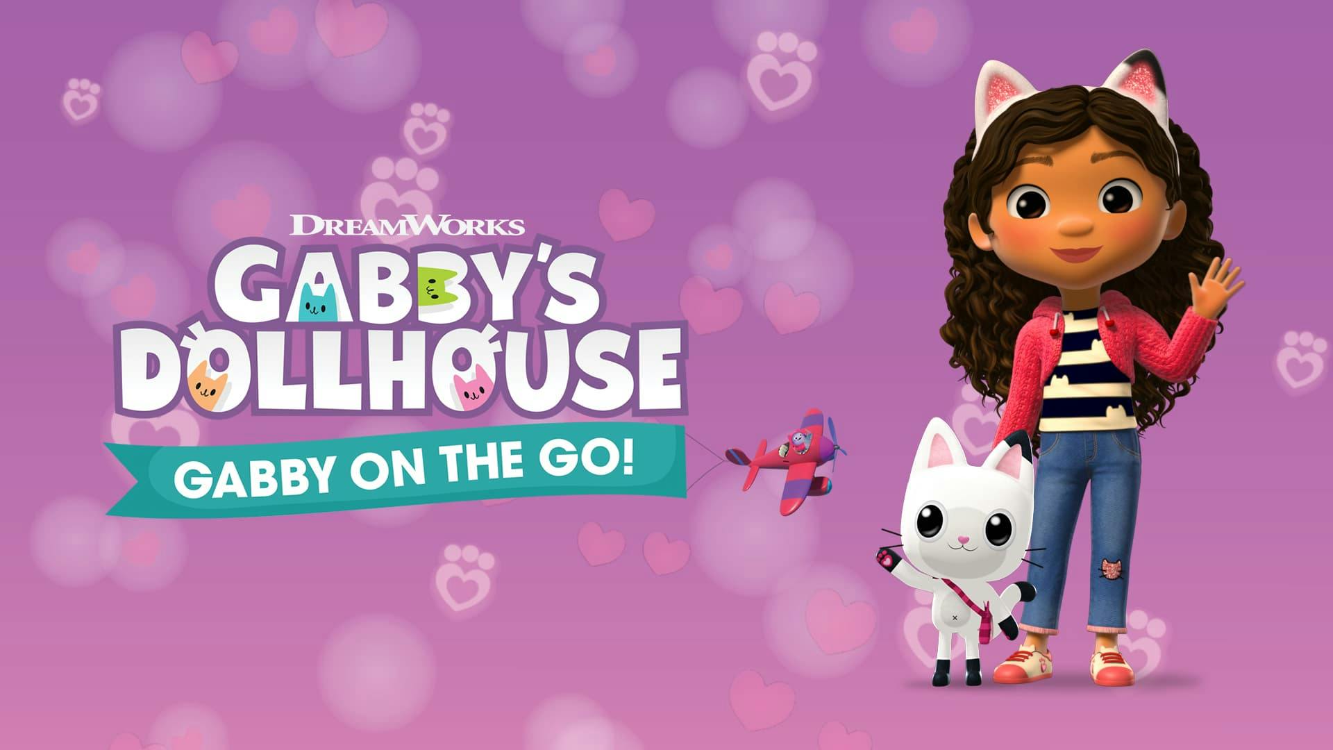 Gabby from DreamWorks Gabby's Dollhouse stand waving next to a logo for Gabby on the Go