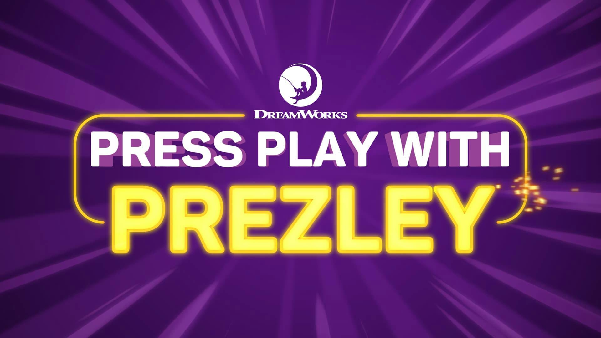 A neon Press Play with Prezley sign sits on a purple background.