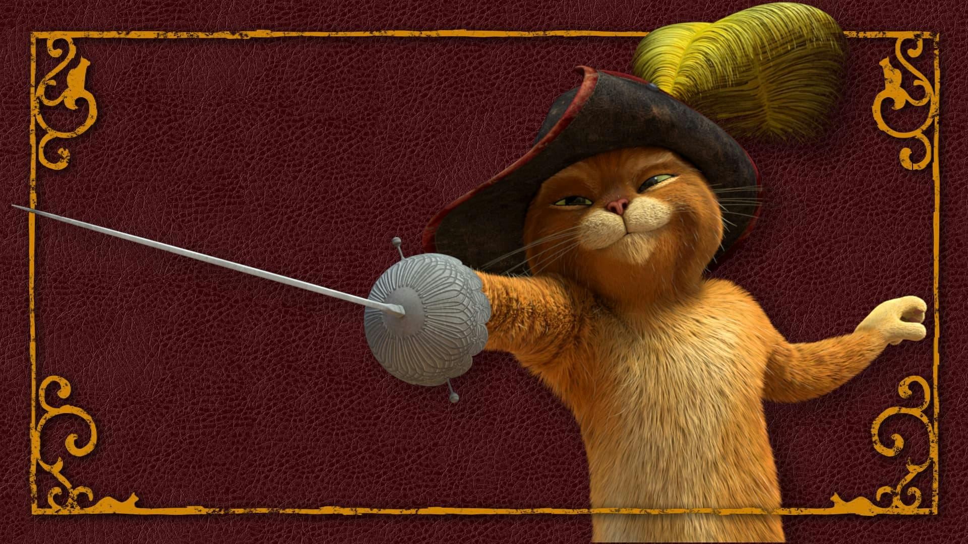 DreamWorks Puss in Boots waves his sword towards the viewer on a red leather background and framed in an ornate golden frame.