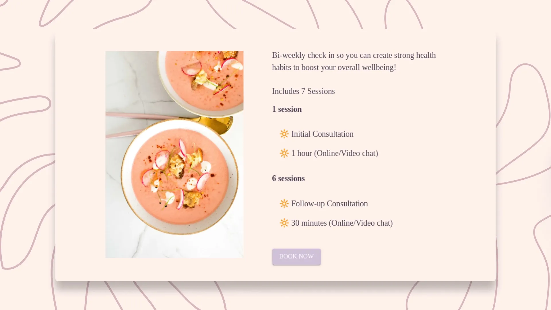 The Boost service detail layout showing stock food photography, consultation information and a Book Now button