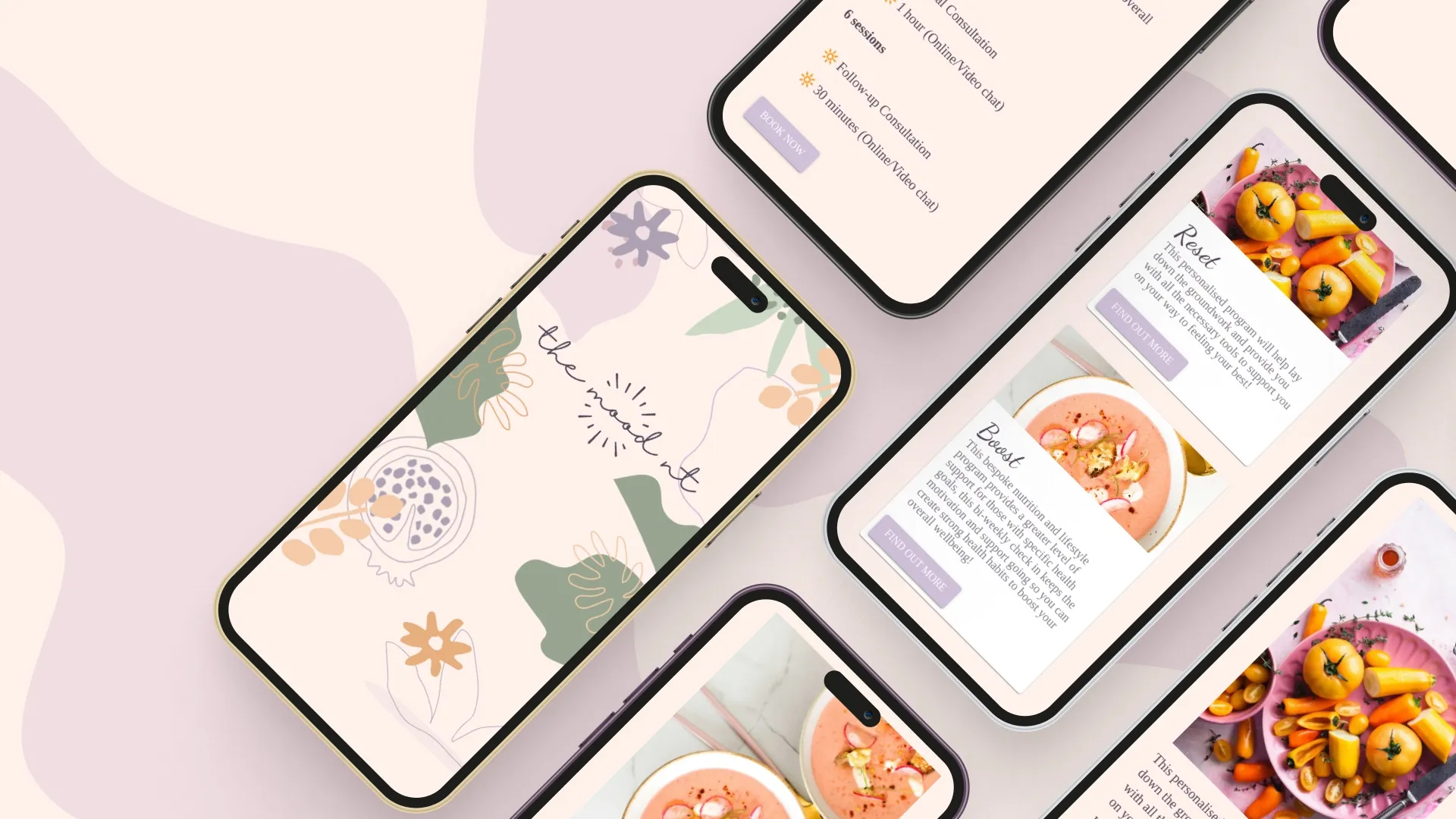 The Mood website presented across mobile screens, showing the illustrated branding, service cards and consultation details