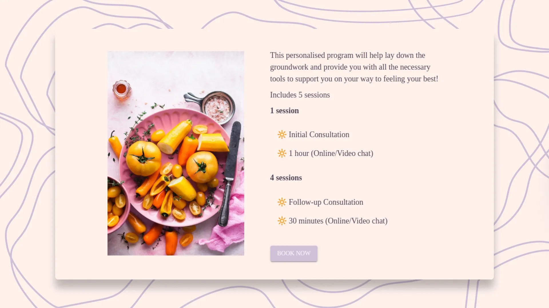 The Reset service detail layout pairing colourful stock food photography with consultation information