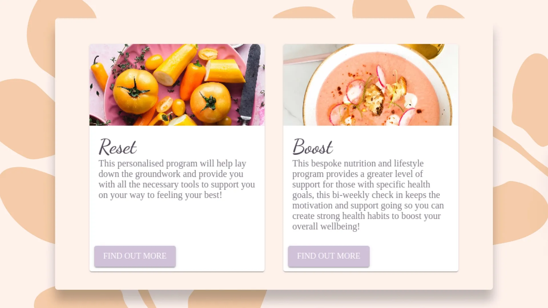 The Mood's Reset and Boost service cards, combining food photography, descriptions and enquiry links