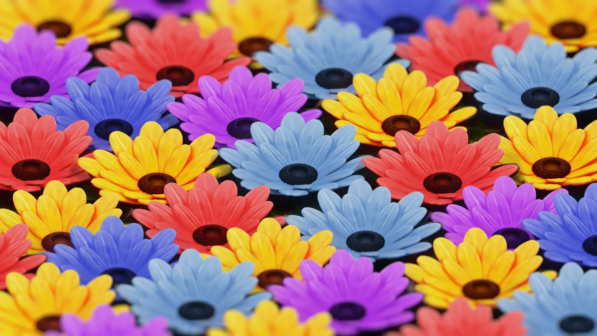 A field of multi coloured flowers created in 3D.
