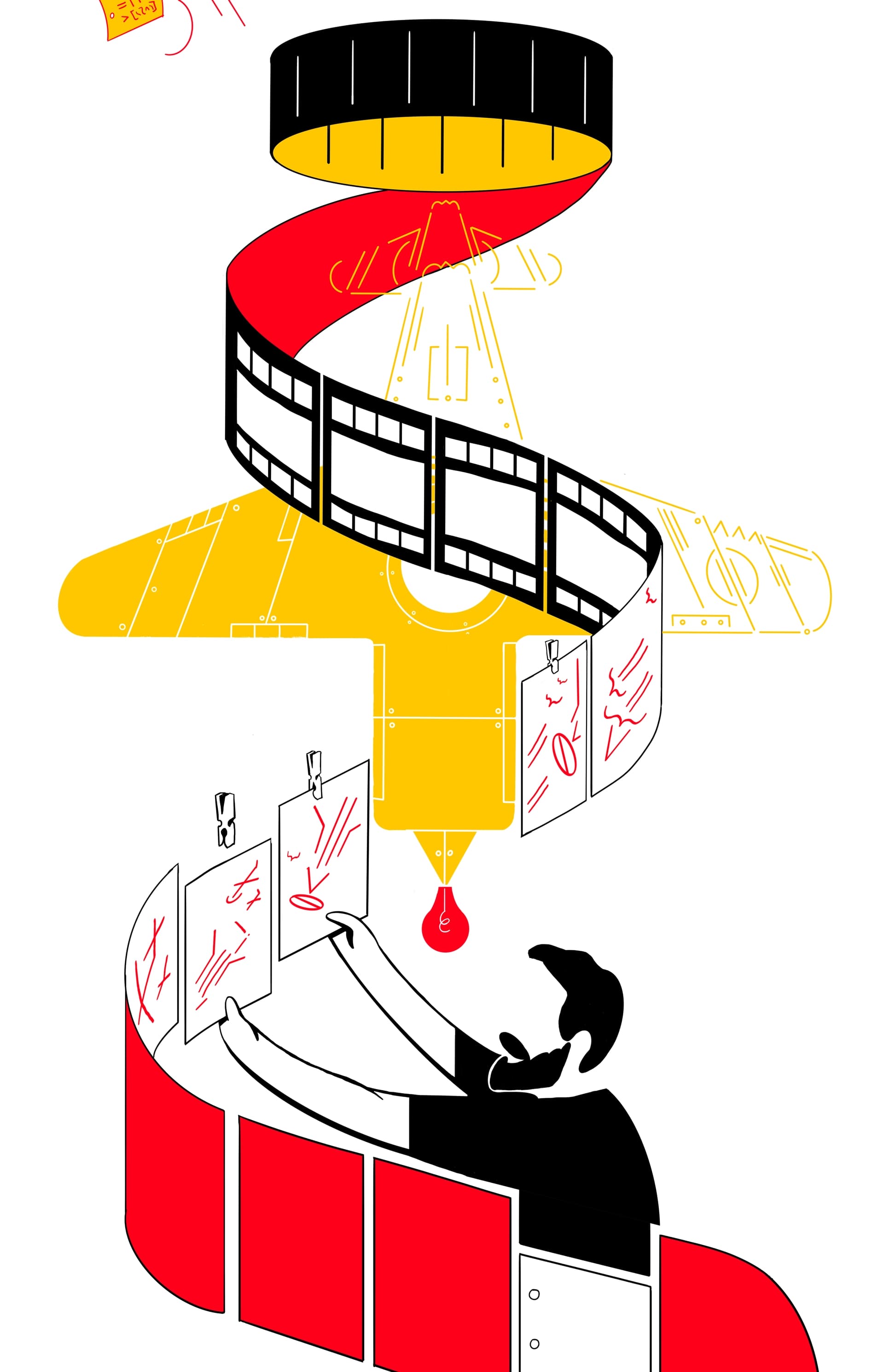 A zoetrope spirals into film negatives being hung up by a man in a dark room. A line drawing of a plane is underneath