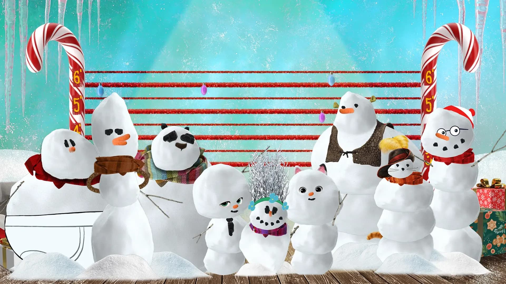 A lineup of snowmen designed to resemble different DreamWorks characters, with distinctive features and accessories