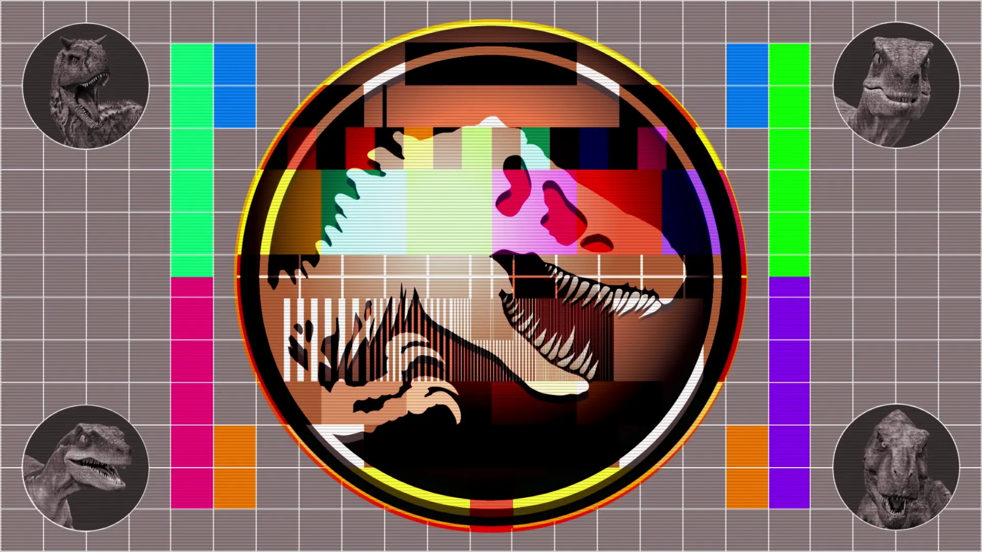 A disrupted television test card combining broadcast graphics with Jurassic imagery