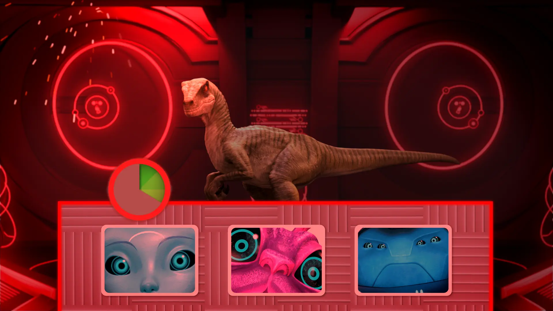 A dinosaur interrupting one of DreamWorks TV's broadcast games during the Jurassic July takeover