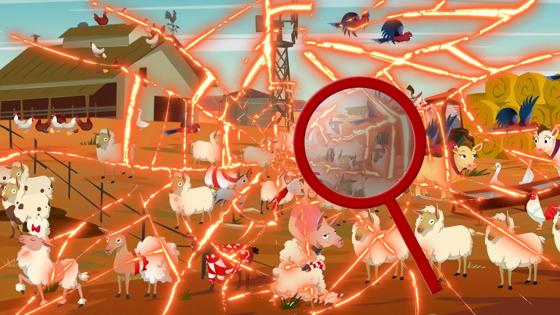 A Where’s Wally game scene disrupted by glowing cracks across the screen