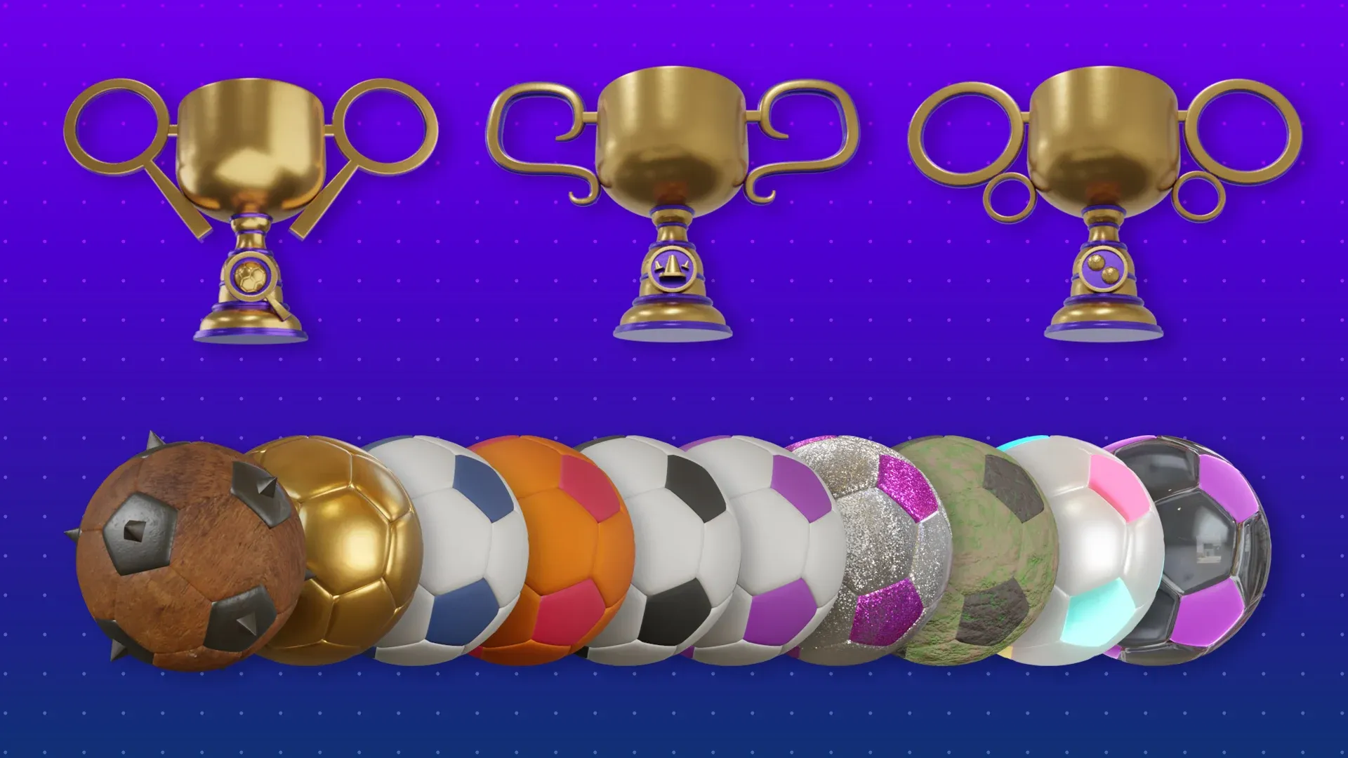 Three gold trophies above a lineup of footballs with different colours, materials and finishes