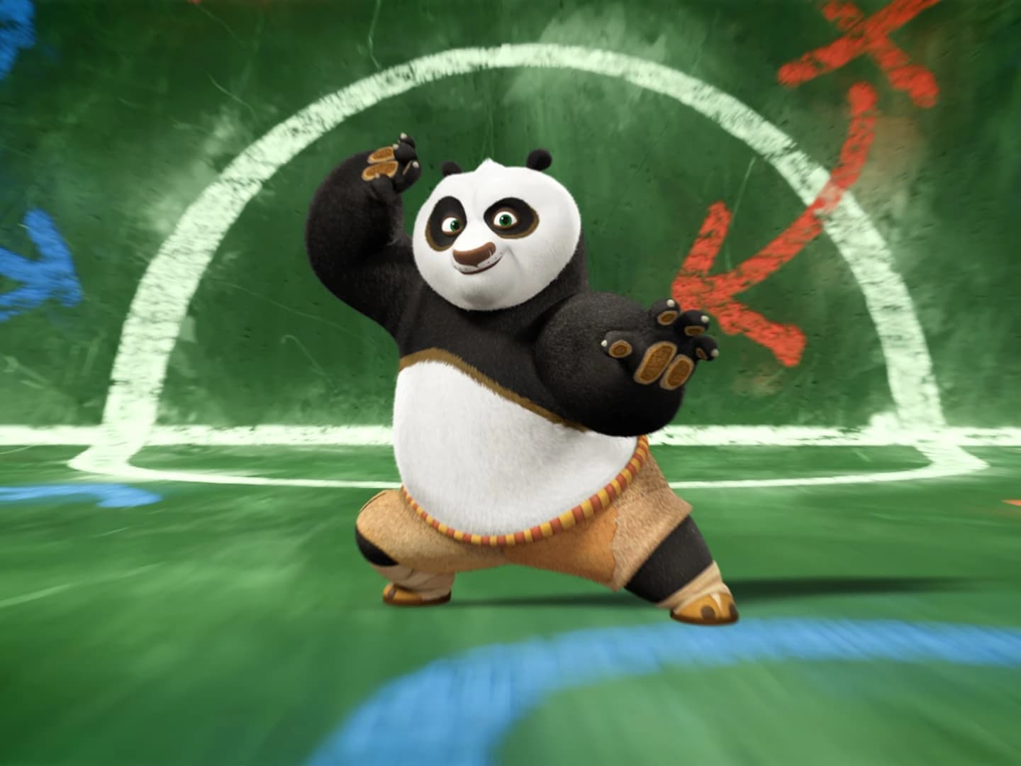 Po standing in a green football-themed environment with chalk-style pitch markings