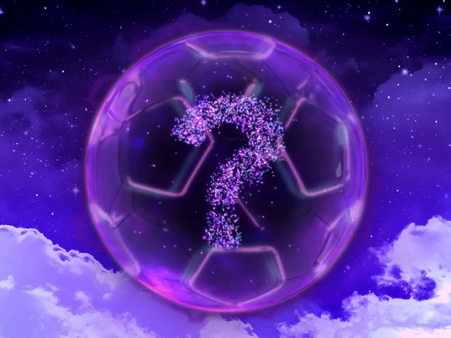 A translucent purple football with a sparkling question mark against a starry sky