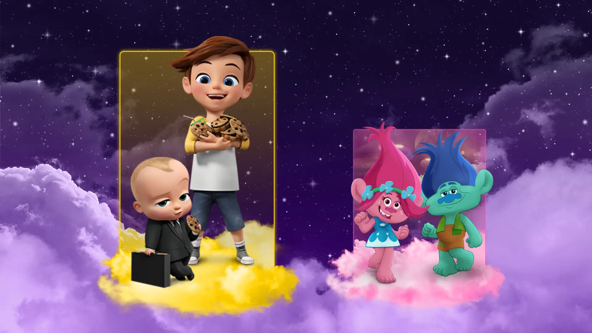 Boss Baby and Trolls characters emerging from glowing frames above coloured clouds