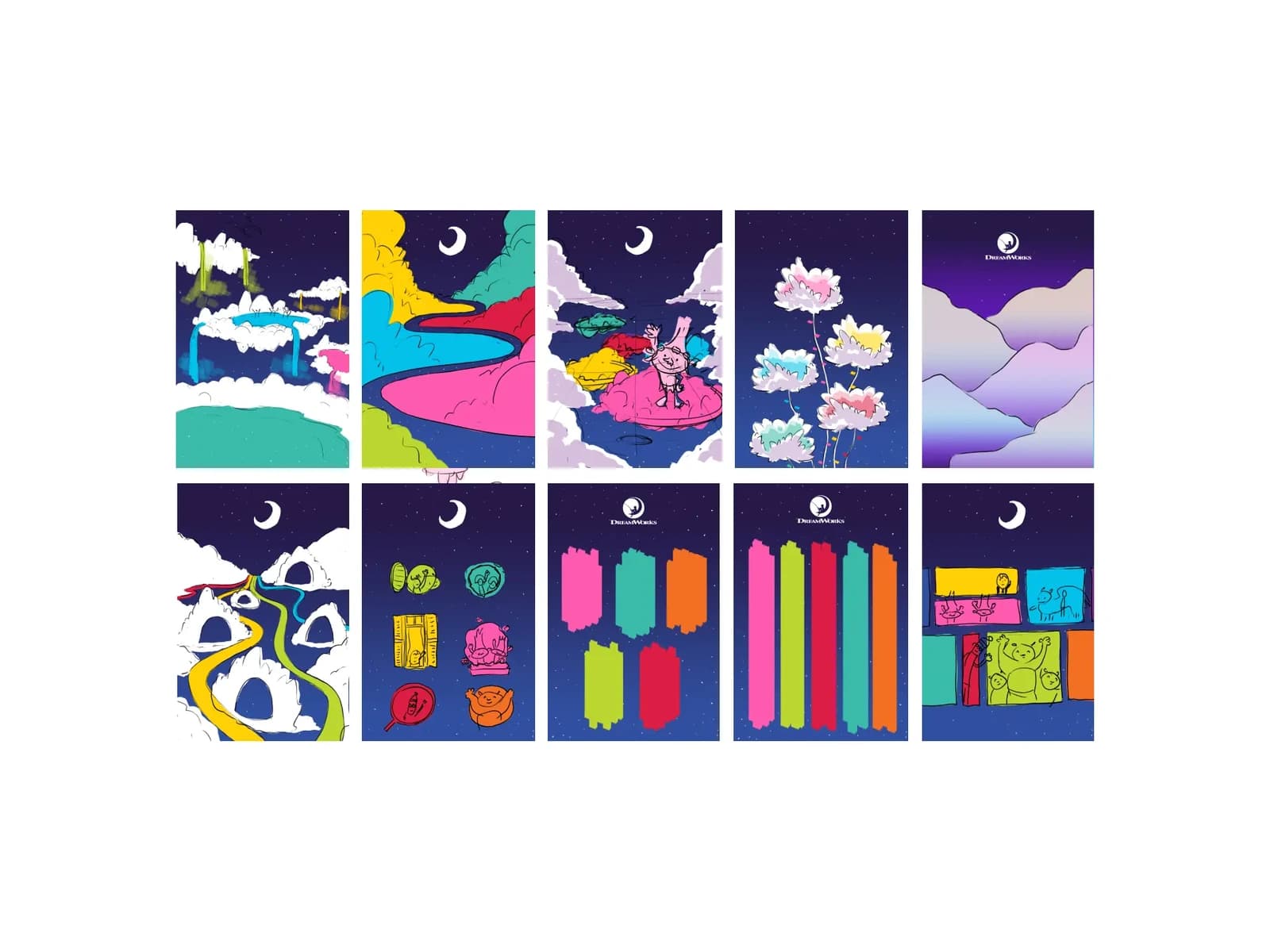 Early channel-launch sketches exploring colourful clouds, paths, windows and character groupings