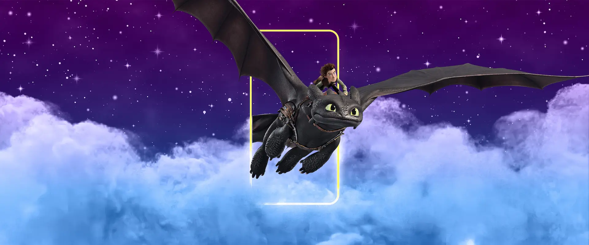 Hiccup and Toothless emerging through a glowing window above a cloud-filled sky in the World Windows campaign