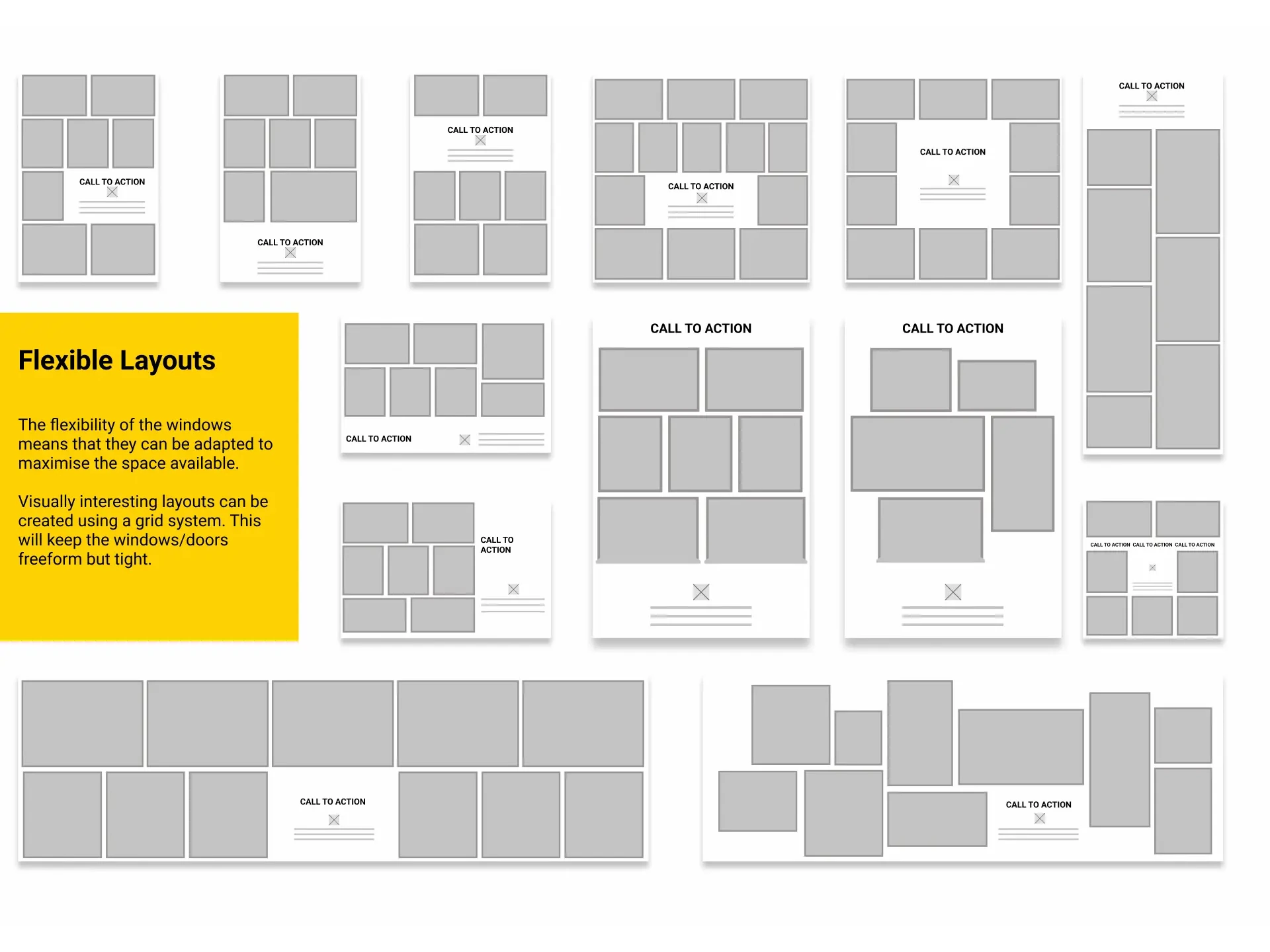 A grid of flexible World Windows layout templates in portrait, square and landscape proportions