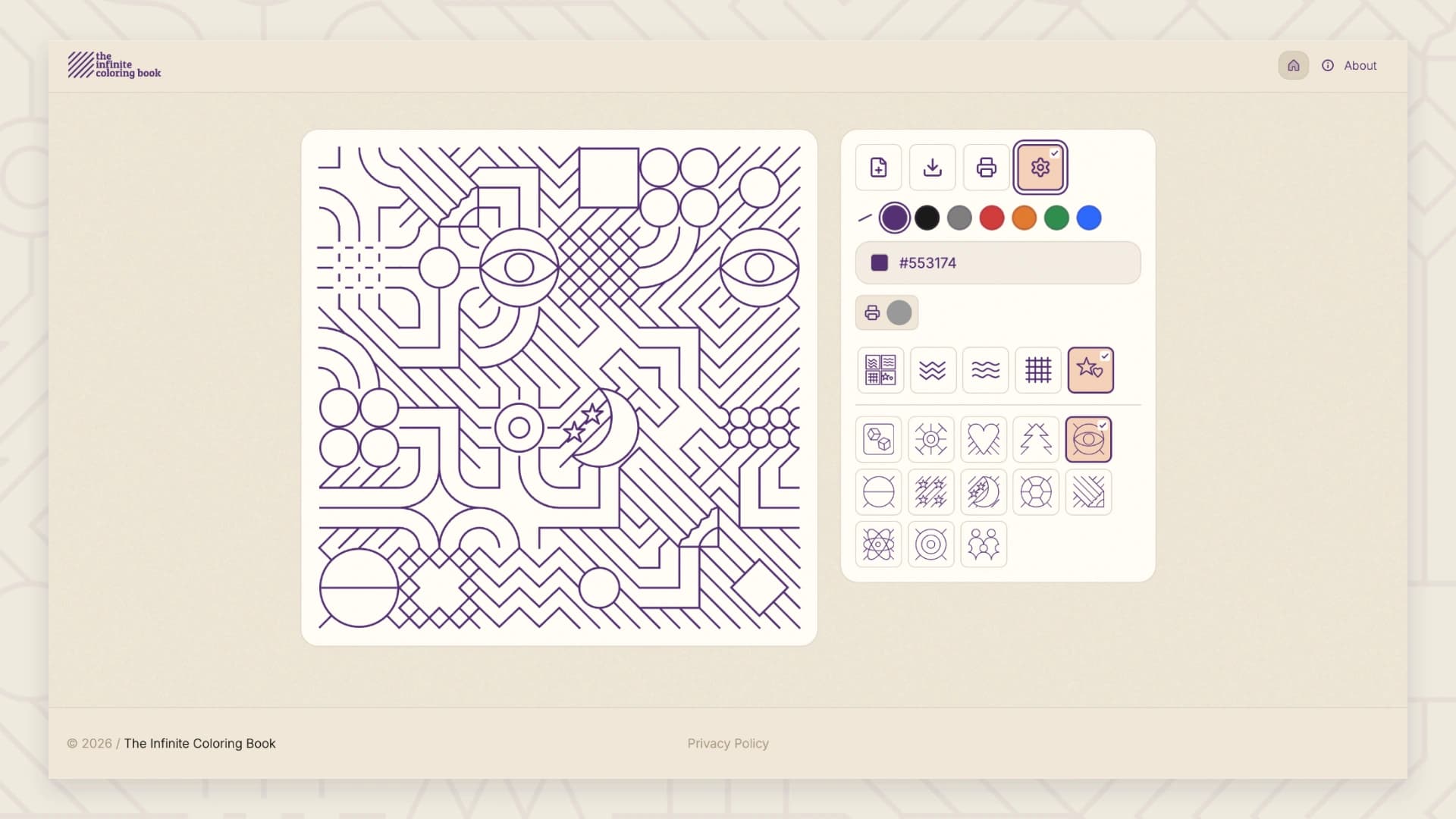 The Infinite Coloring Book interface showing a generated pattern alongside its controls