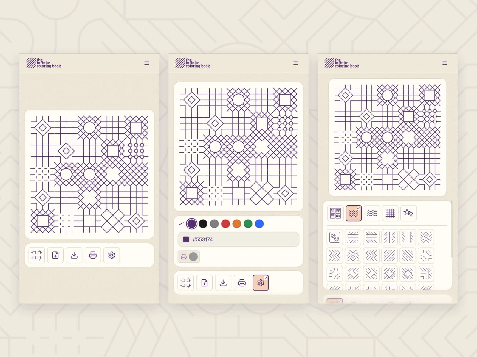 The Infinite Coloring Book pattern and controls shown on a mobile screen