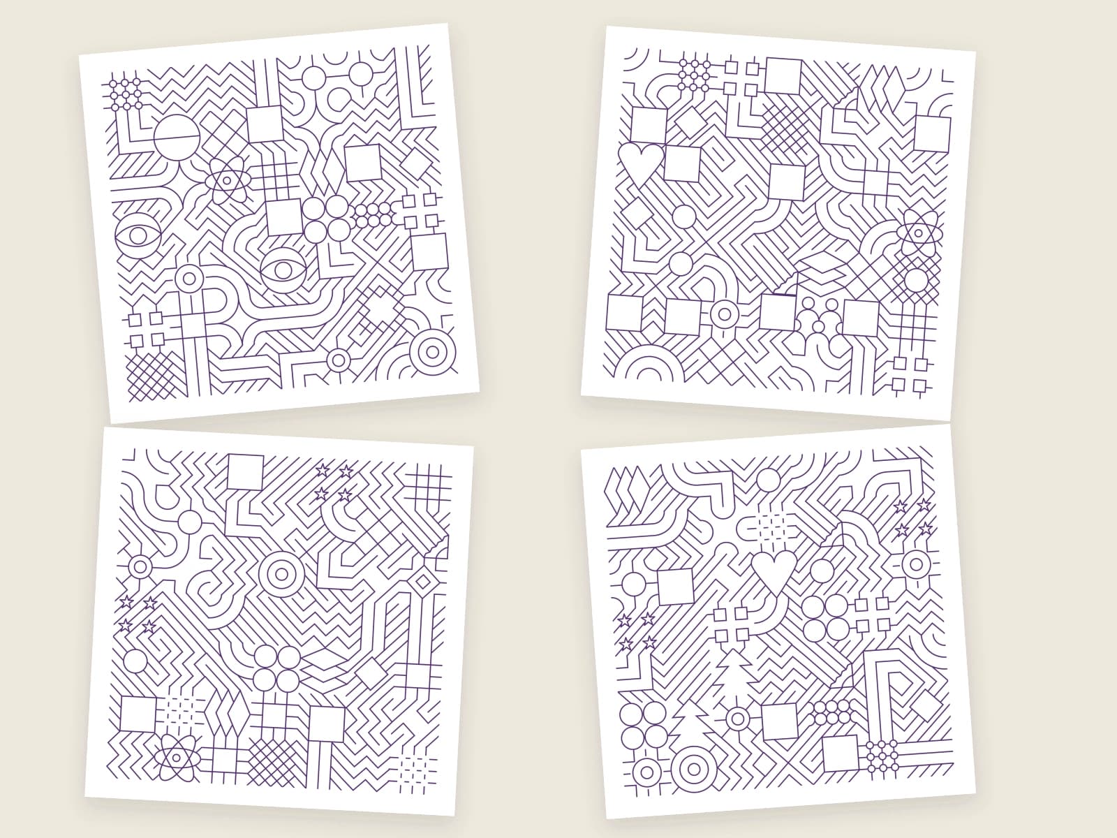 A selection of different uncoloured patterns printed from The Infinite Coloring Book