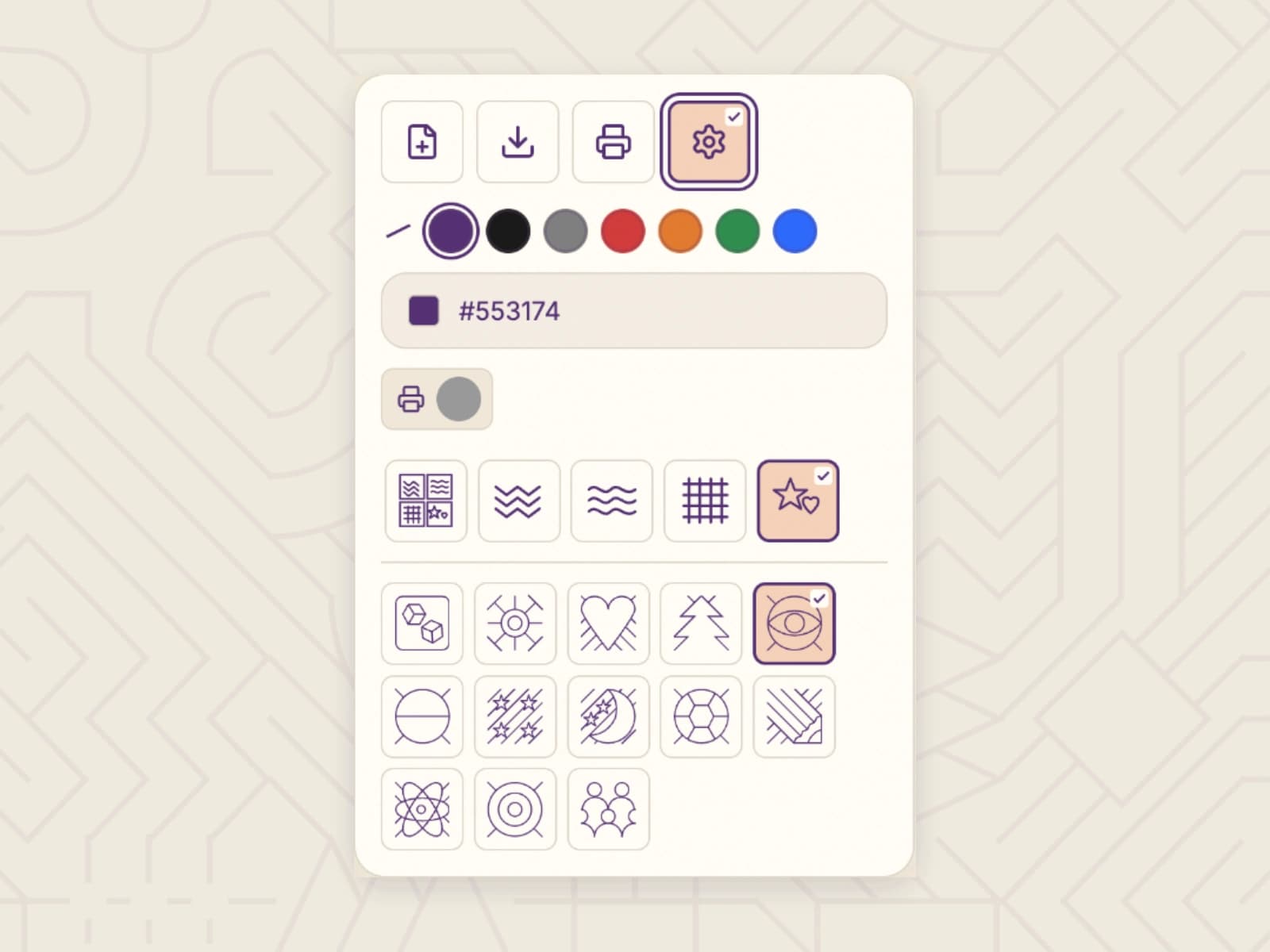 The tile picker and pattern controls, showing how individual illustrations can be selected