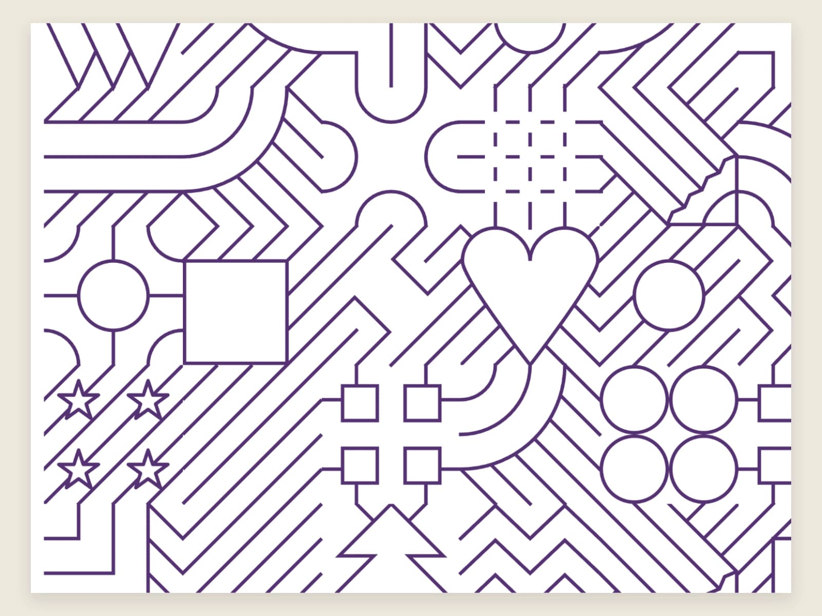 A close view of several illustrated tiles meeting to form a larger colouring pattern