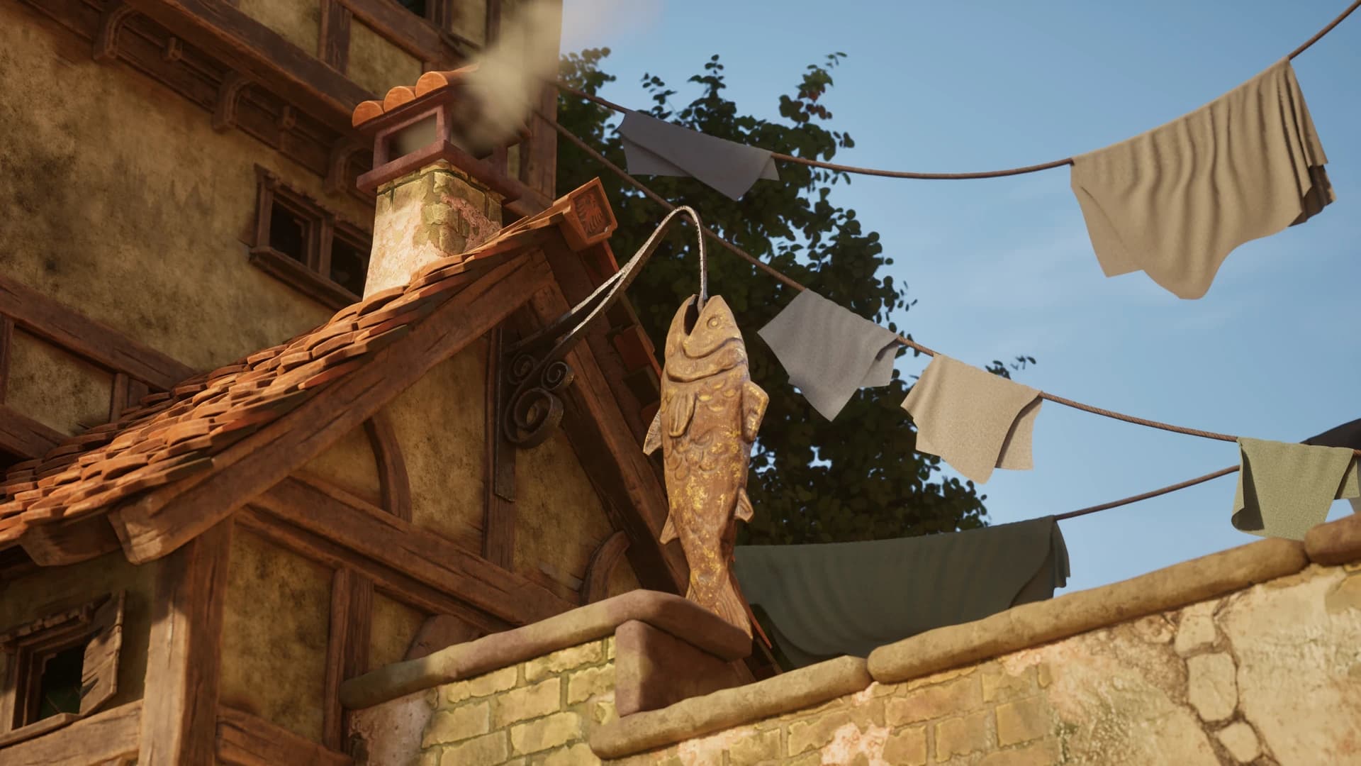 Laundry hanging between the village buildings