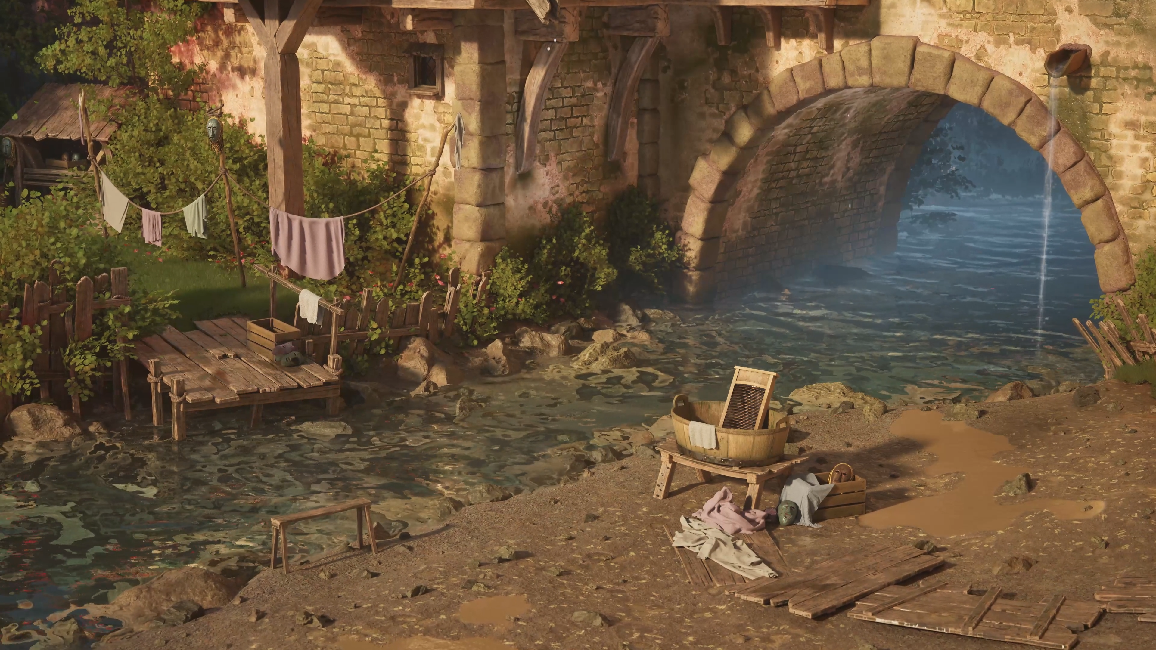 River stones, foliage and reflected light beside the village