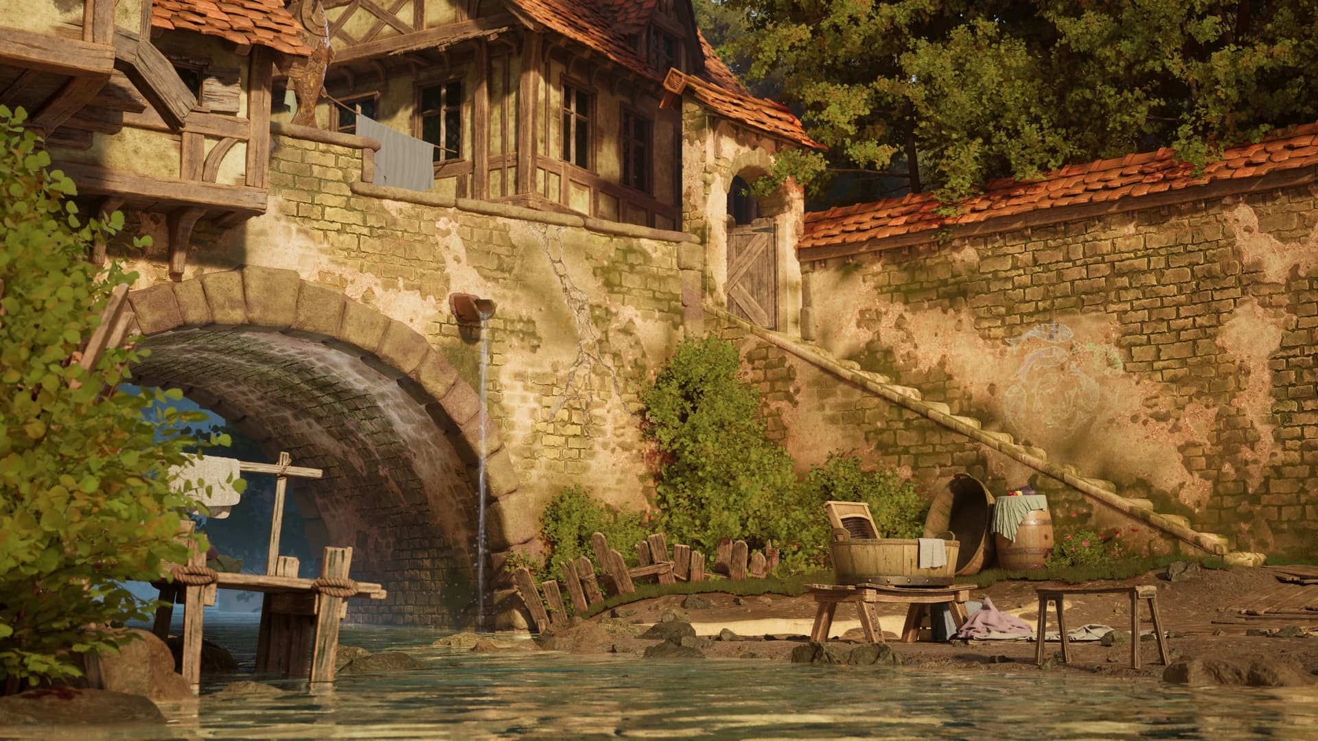 The Laundry Day village viewed from the opposite side of the river