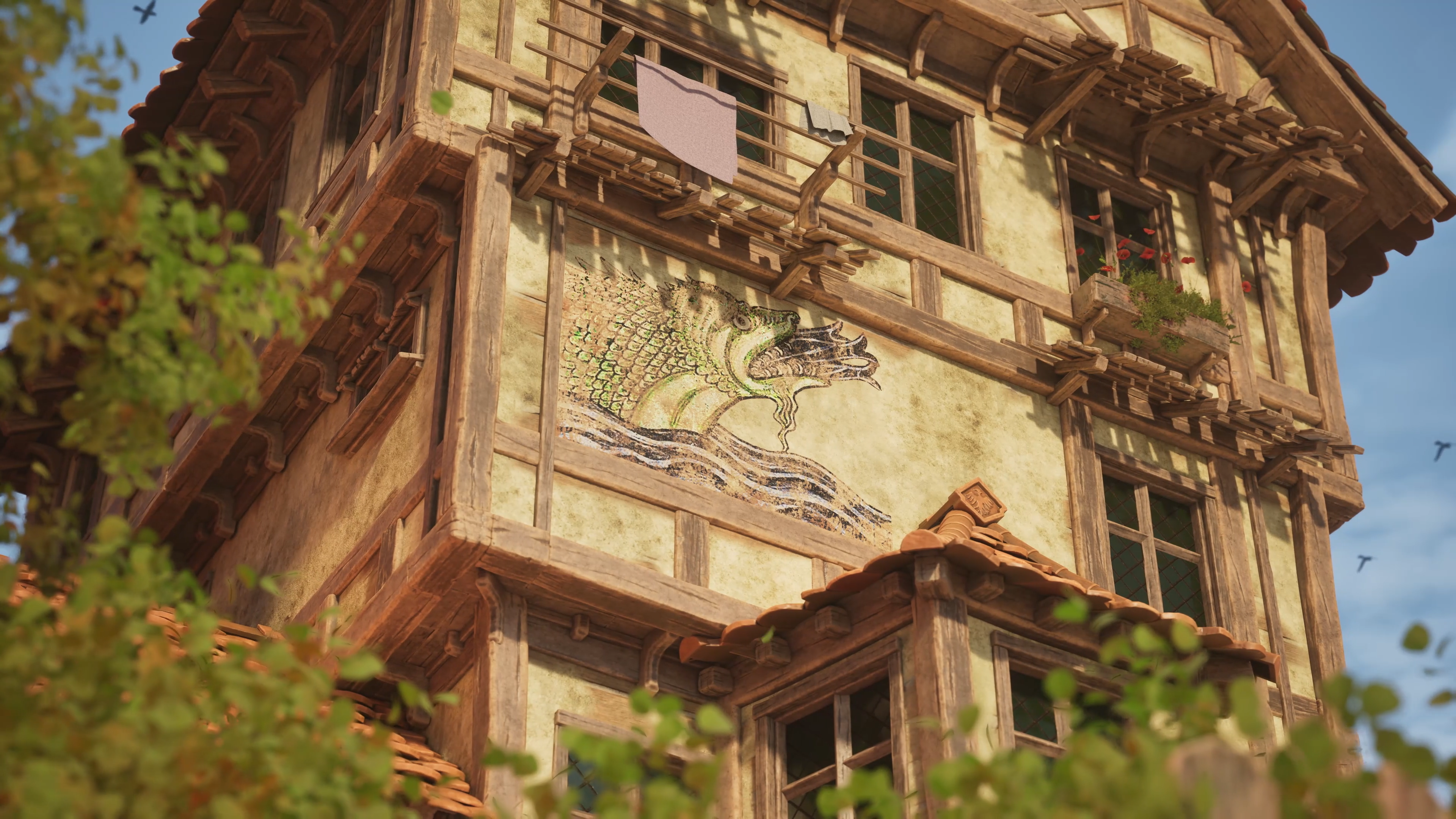 A close view of weathered timber beams and worn plaster