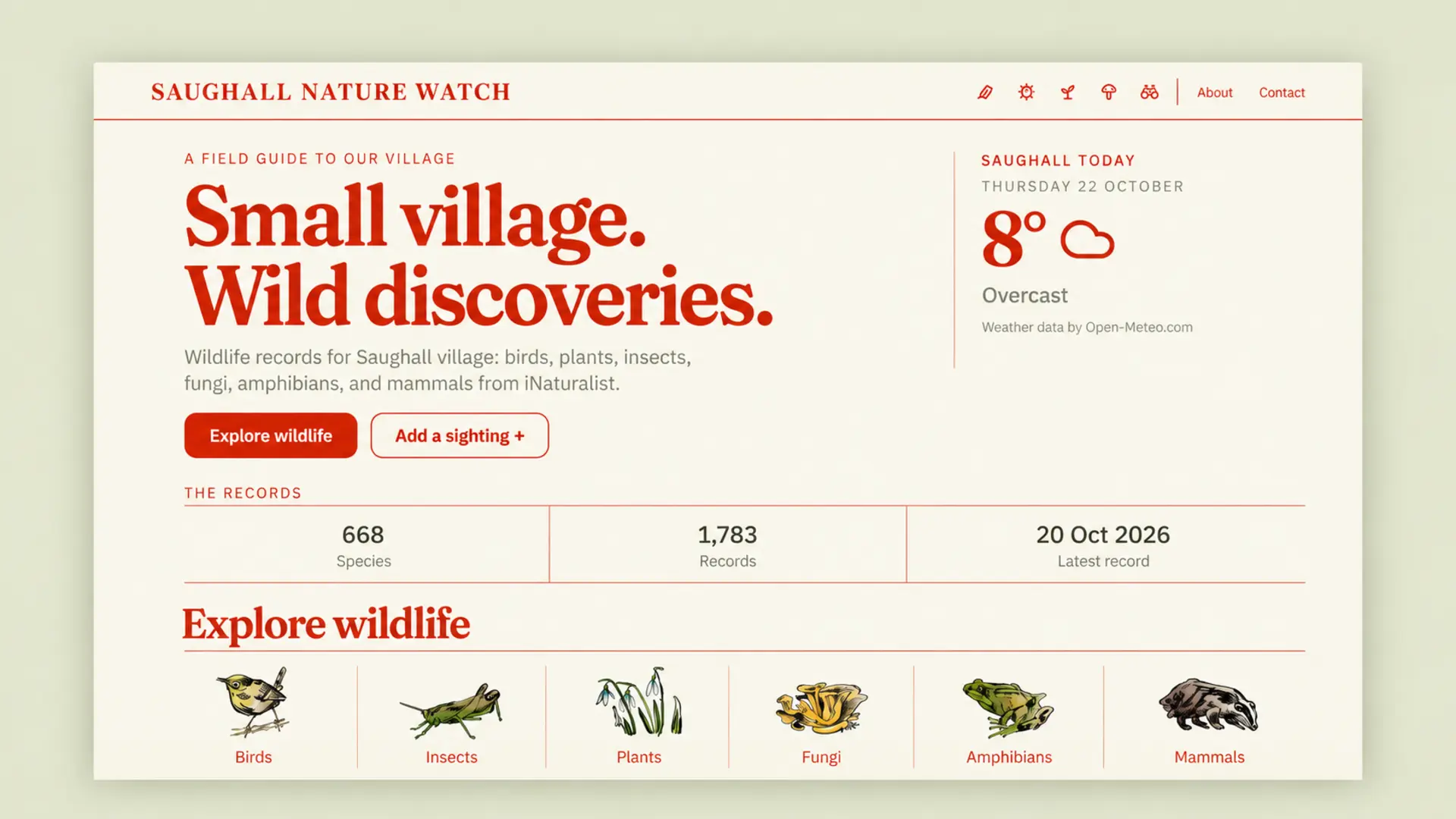 The Saughall Nature Watch homepage, combining wildlife illustration, warm colours and an introduction to local observations