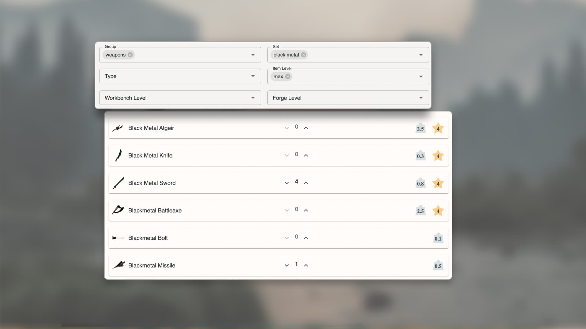 Searching and filtering the Valheim item catalogue