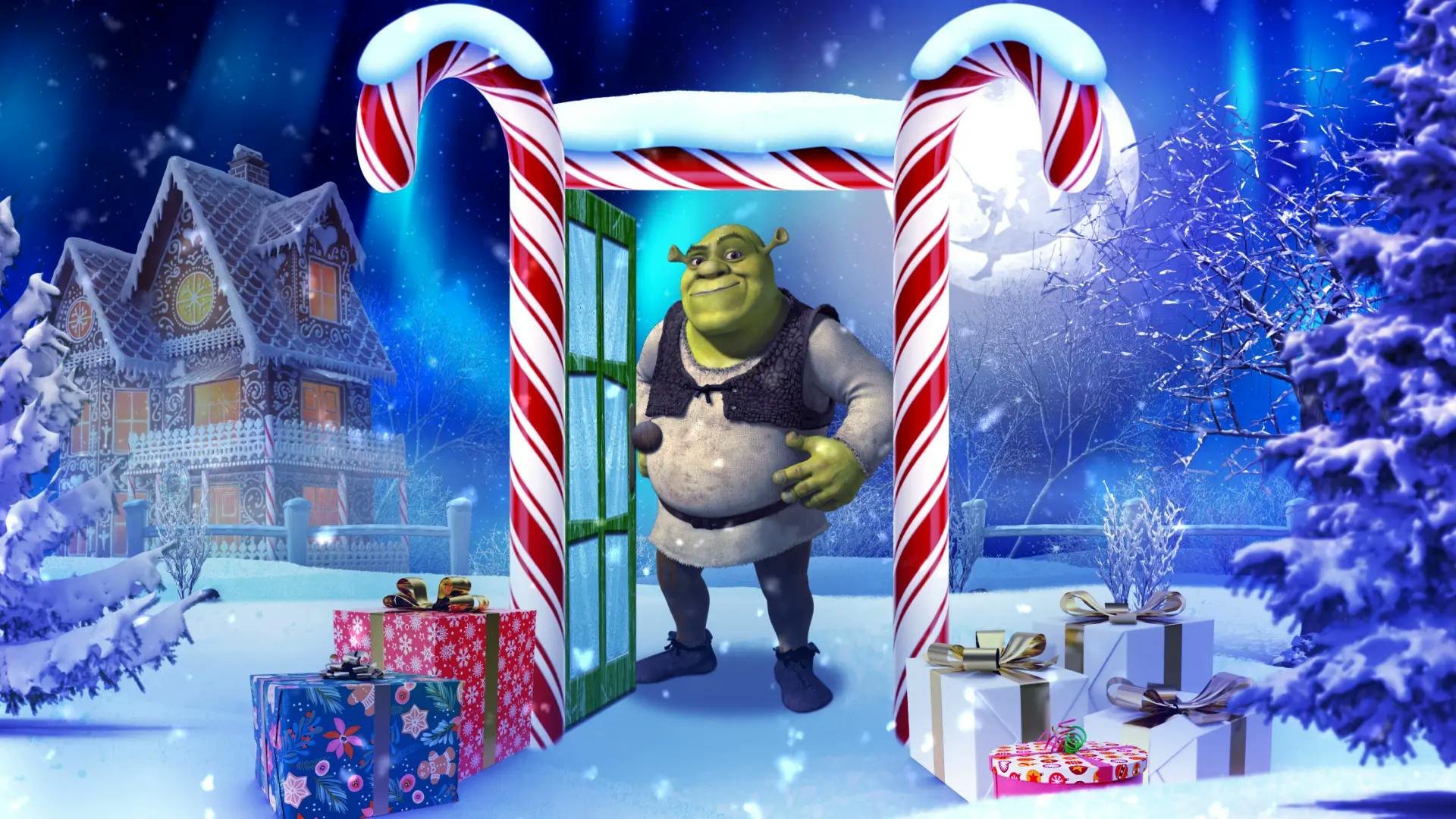 Shrek is at the door to sing christmas carols in this still from from DreamWorks TVs Christmas promotainment.