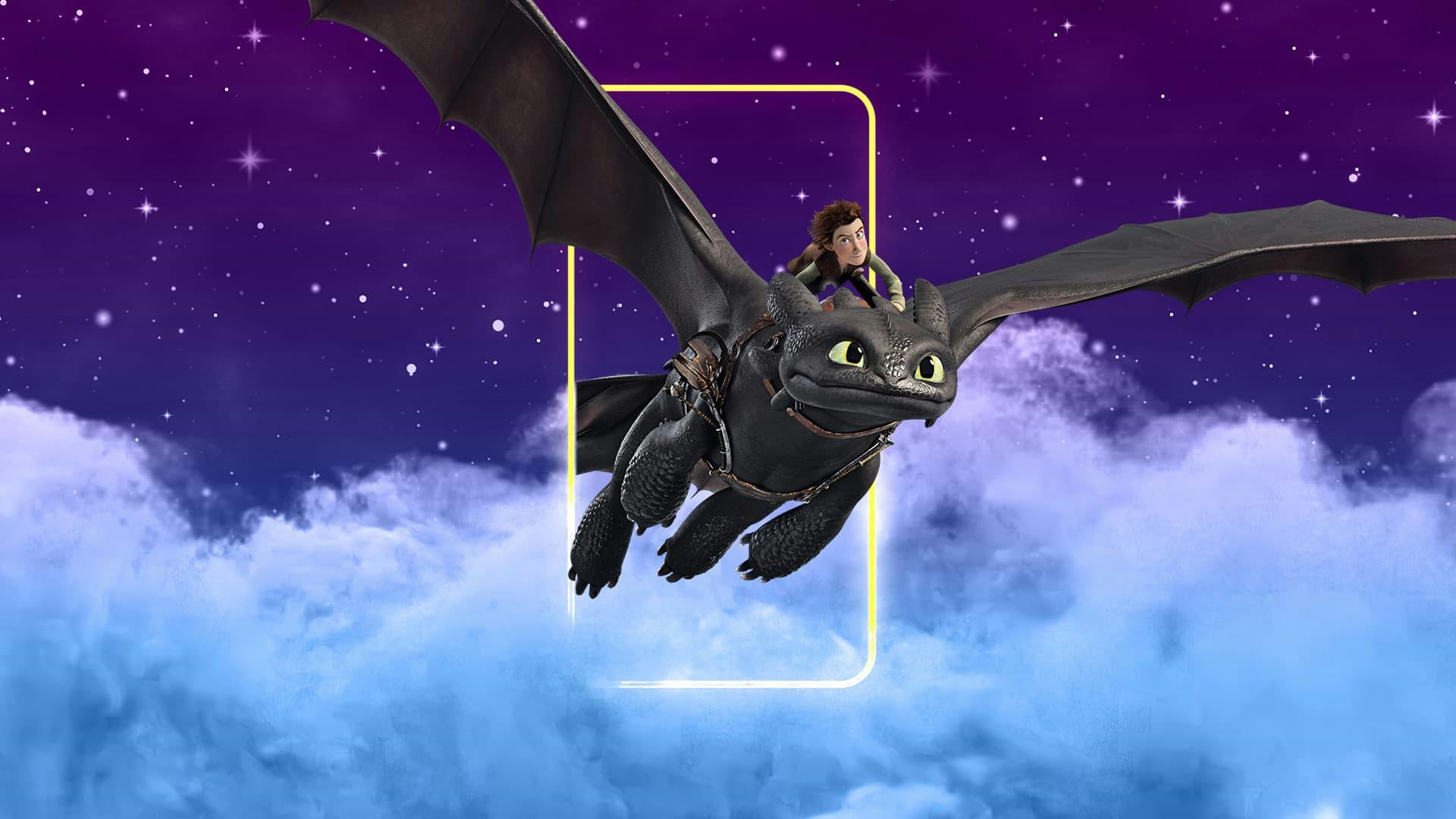 Toothless and Hiccup from DreamWorks How to Train your Dragon series fly through a neon window frame that's set in the clouds against a night sky.