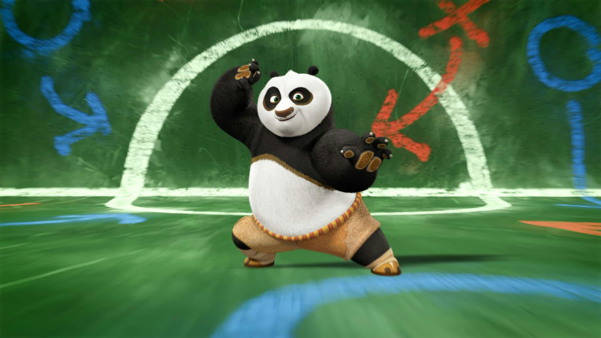 Po from DreamWorks Kung Fu Panda stands in a martial arts pose. He is stood on a giant chalk board environment similar to one that might be used in working out soccer tactics.