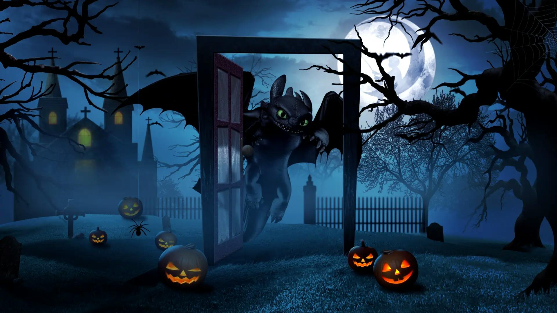 toothless from how to train your dragon is at the door to trick or treat in this Halloween asset created by studio helga for dreamworks tv