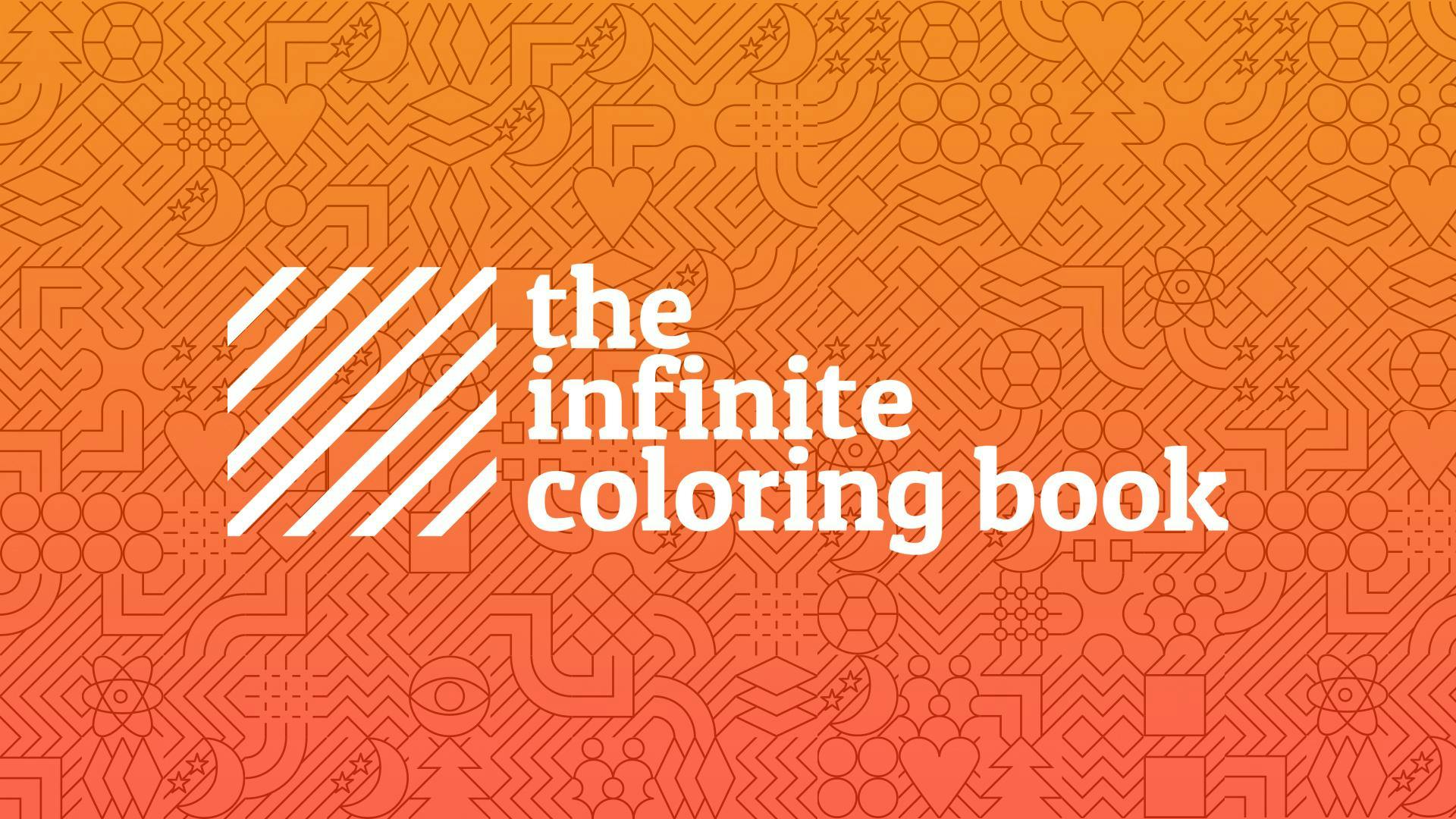 infinite coloring book logo on a patterned orange background