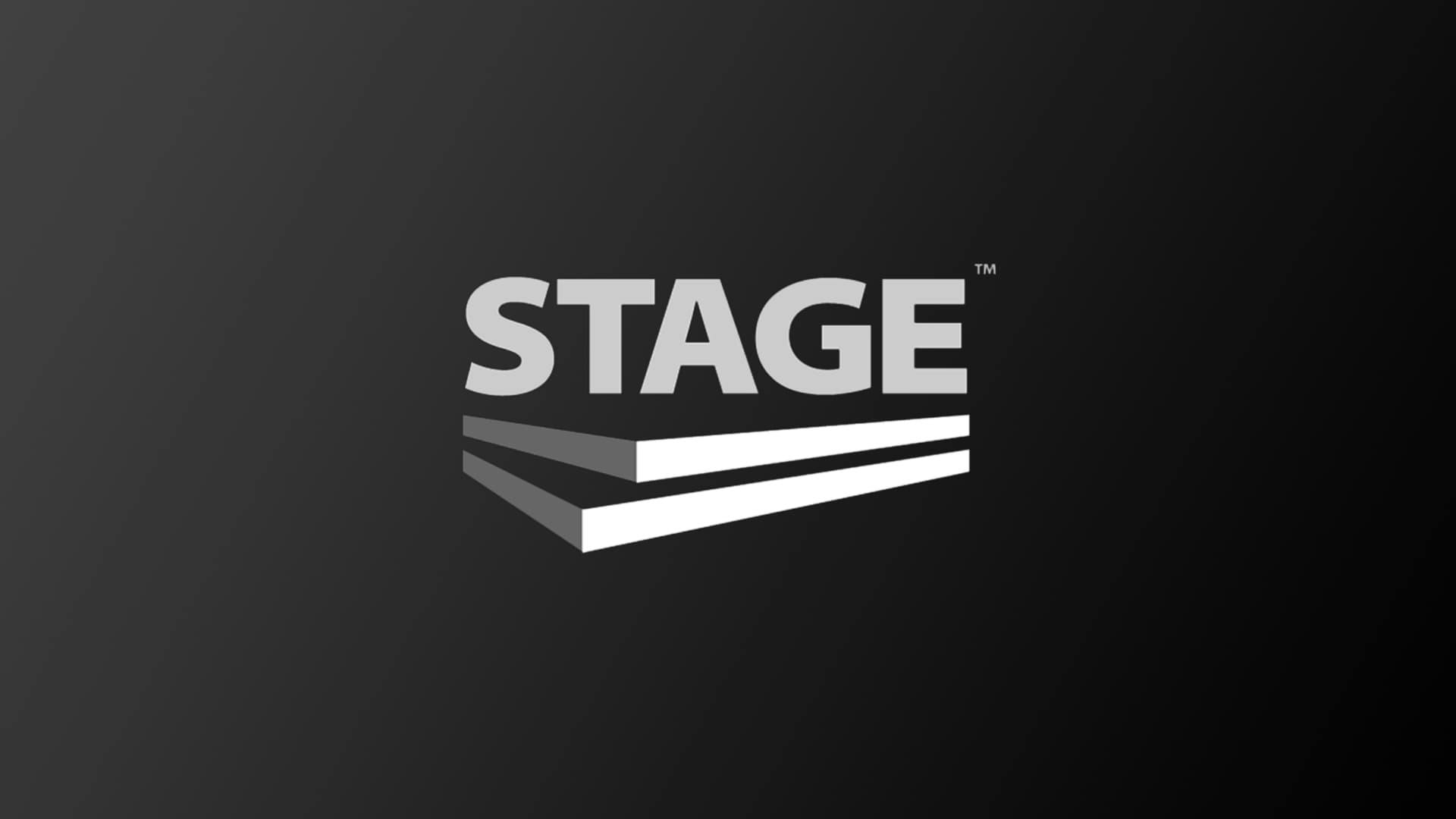 The Stage logo sits on a moody black background with the hint of a spotlight.
